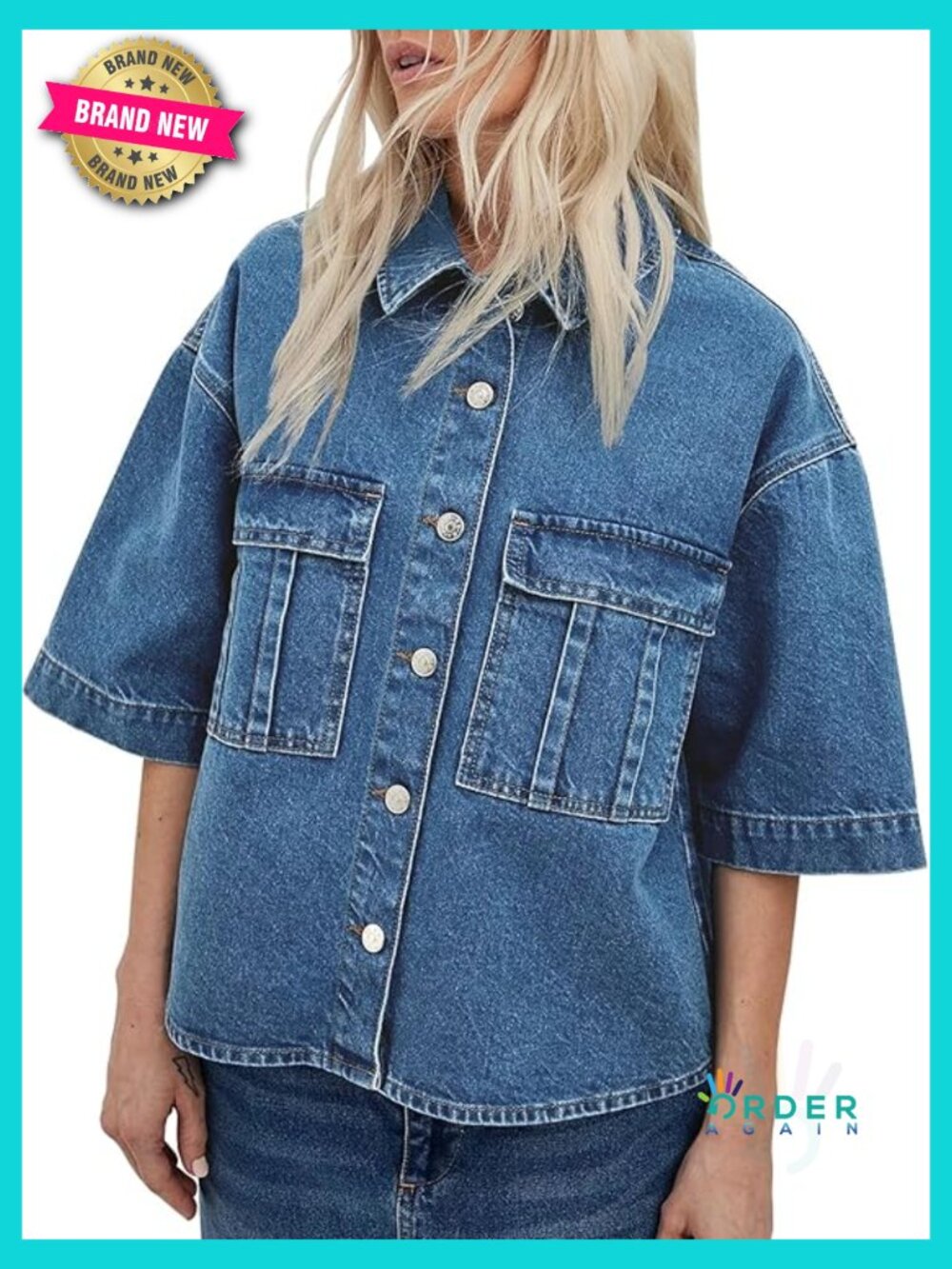 Oversized Short Sleeve Denim Jacket Trendy Cropped Jean Top Button Down Shacket